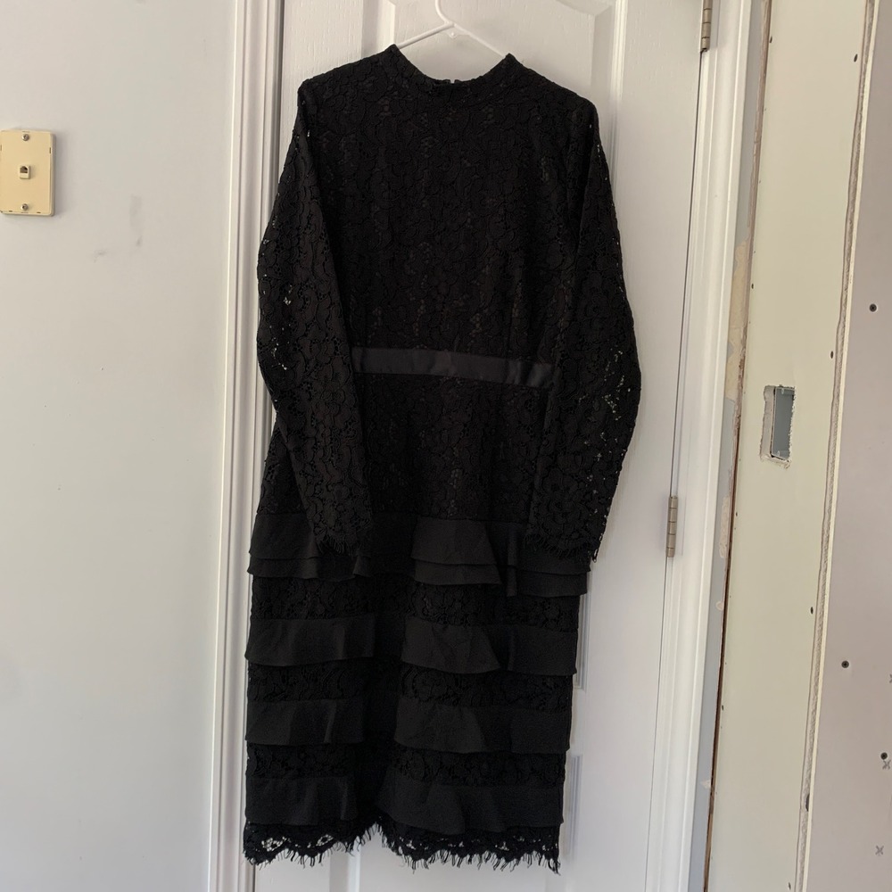Rachel Parcell Black Lace Tiered Ruffle Midi Dress Long Sleeve Mock Neck Large